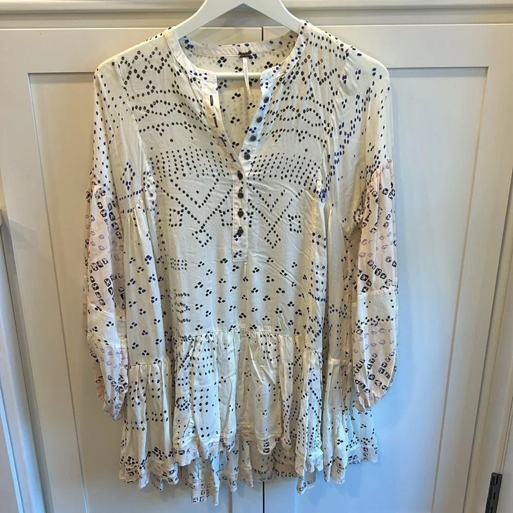 Free People Shibori Ivory Print Long Sleeve Button-Up Tunic Boho Festival XS